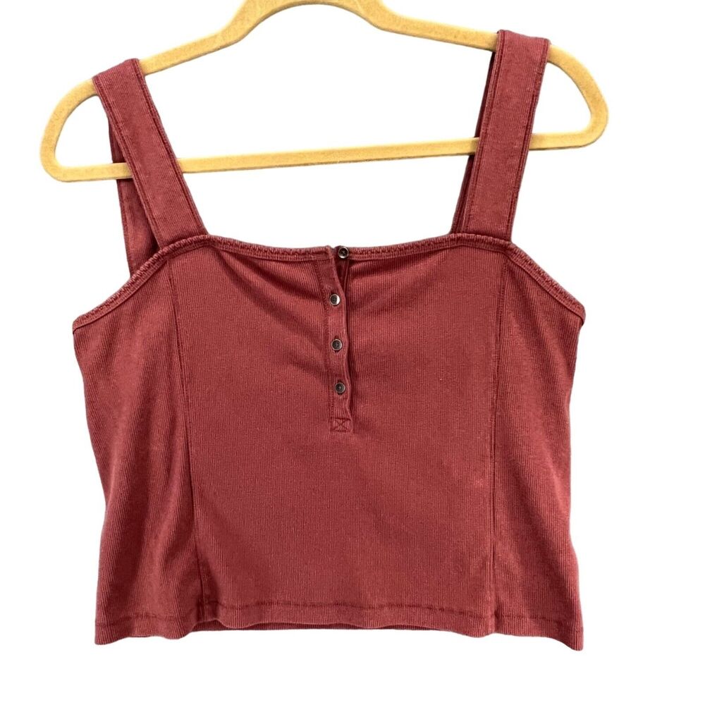 Abercrombie Fitch Y2K Crop Top Womens XL Pink Button Square Neck Ribbed Tank - Picture 1 of 12